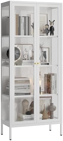Display Cabinet with Glass Doors, Glass Display Cabinet 4-Tier, Metal Curio Display Cabinet with Tempered Glass Doors for Living Room, Plant, Display Shelf, Assembly Required, White