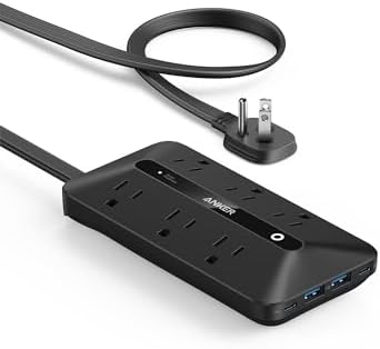 Anker Flat Plug Power Strip 300J, USB C Power Strip, 10-in-1 Ultra Thin Power Strip with 6 AC, 2 USB A and 2 USB C Ports,5feet Extension Cord, Desk Charging Station,Home Office College Dorm - Black