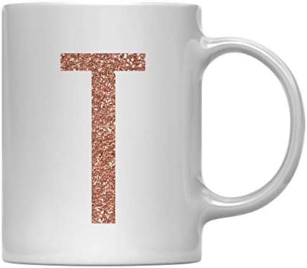 Andaz Press 11oz. Coffee Mug Gift, Rose Gold Faux Glitter, Monogram Letter T, 1-Pack, Friend Girlfriend Wife Teacher Graduation Colored Birthday Christmas Gift Ideas Decorations
