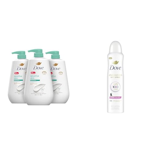 Dove Sensitive Skin Body Wash 30.6 fl oz (Pack of 3) and Advanced Care Antiperspirant Deodorant Spray with Pro-Ceramide Technology