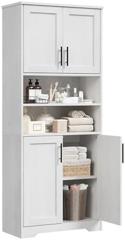 IDEALHOUSE Tall Bathroom Cabinet, Freestanding Bathroom Storage Cabinet with 4 Doors and Adjustable Shelves, 67" Cupboard Modern Storage Cabinet for Kitchen, Pantry, Living Room, Antique White