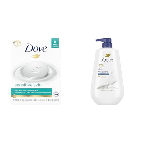 Dove Beauty Bar More Moisturizing Than Bar Soap for Softer Skin, Fragrance Free & Body Wash with Pump Deep Moisture For Dry Skin Moisturizing Skin Cleanser with 24hr