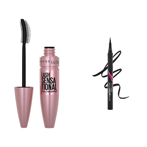 MAYBELLINE New York Eyestudio Master Precise All Day Waterproof Liquid Eyeliner Makeup & Lash Sensational Washable Mascara, Lengthening and Volumizing for a Full Fan Effect, Blackest Black, 1 Count