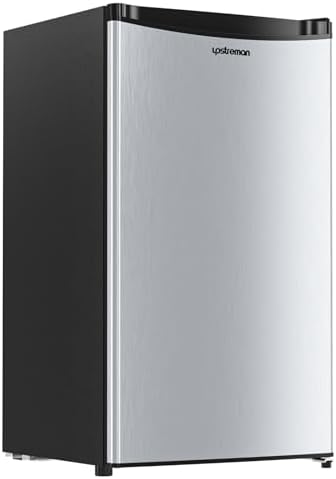 Upstreman 3.2 Cu.Ft Mini Fridge with Freezer, Single Door Mini Fridge, Dorm Fridge, Adjustable Thermostat, Mini Refrigerator for Dorm, Office, Bedroom, Stainless Steel-SR321