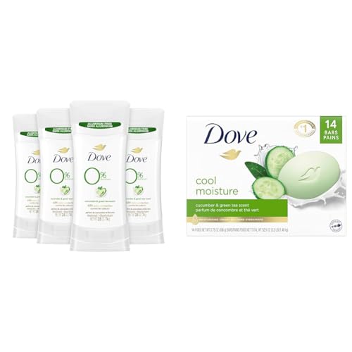 Dove Cucumber and Green Tea 0% Aluminum Deodorant Stick 4 Count and Beauty Bar Soap 14 Bars Bundle