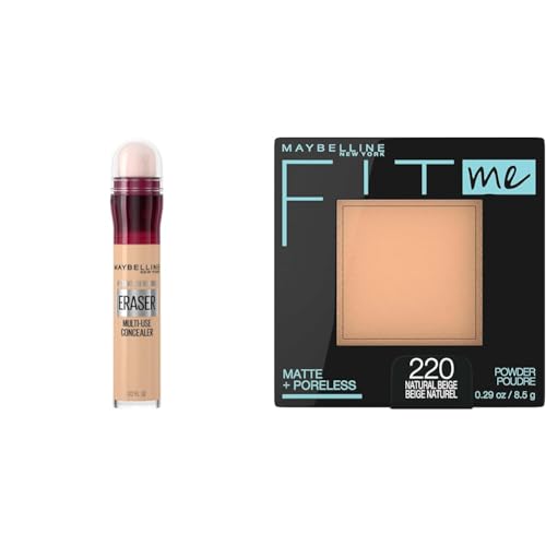 Maybelline Instant Age Rewind Dark Circles Concealer & Matte + Poreless Pressed Powder, 120 & Natural Beige, 1 Count Each