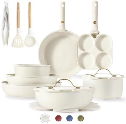 CAROTE 19pcs Pots and Pans Set Non Stick, Cookware Set with Detachable Handle, Kitchen Cookware Sets with Removable Handle, RV Cookware Set, Oven Safe, Cream White