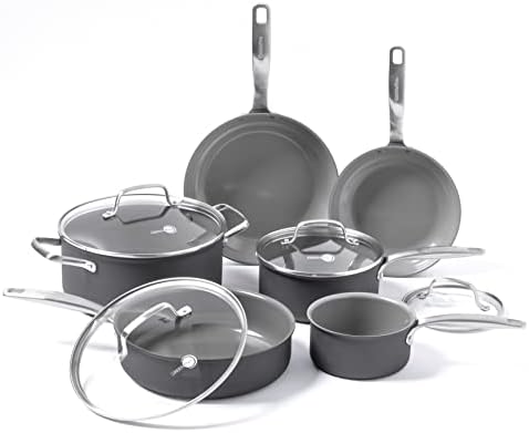 GreenPan Chatham Hard Anodized Healthy Ceramic Nonstick 10 Piece Cookware Pots and Pans Set, Frying Pan Skillets, Saucepans, Saute Pan, Stockpot, Lids, PFAS-Free, Dishwasher & Oven Safe, Gray