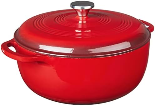 Lodge 7.5 Quart Enameled Cast Iron Dutch Oven with Lid – Dual Handles – Oven Safe up to 500° F or on Stovetop - Use to Marinate, Cook, Bake, Refrigerate and Serve – Island Spice Red