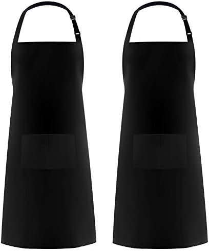 Syntus 2 Pack 100% Cotton Adjustable Bib Apron with 2 Pockets Cooking Kitchen Aprons for Women Men Chef, Black