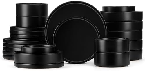 Herogo Dinnerware Sets with Pasta Bowls for 6, 24 Piece Dinner Salad Plates and Cereal Serving Bowls, Stoneware Dishes Dinner Ware for Home Kitchen, Dishwasher & Microwave Safe, Matte Black