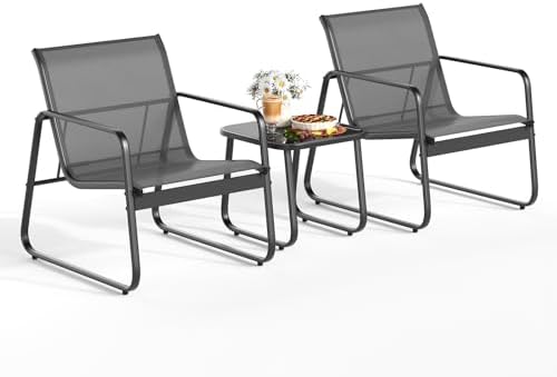 Gizoon Patio Chairs Set of 2, Patio Furniture Set with Metal Frame Glass Table, Outdoor Chairs Set of 2 for Balcony, Bistro Table and Chairs Set for Lawn, Black