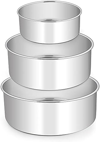E-far Deep Cake Pan Set of 3 (6 inch/8 inch/9Β½ inch), Stainless Steel Round Layer Cake Baking Pans, Metal Tier Cake Tins for Wedding Birthday, Leak Proof & Straight Side, Non-toxic & Dishwasher Safe