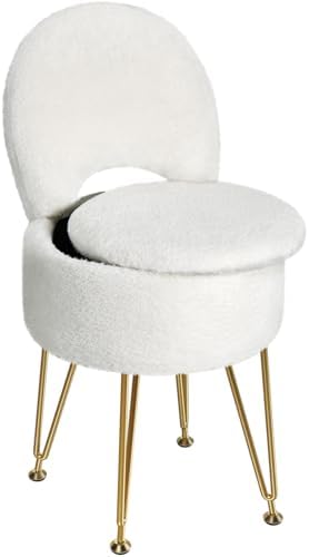 GREENSTELL Small Vanity Stool Chair with Storage and Folding Back, 13" x 13" x 17.7" Faux Fur Soft Ottoman for Teenager, 4 Metal Legs with Anti-Slip Feet, Furry Padded Seat for Makeup, Bedroom, White