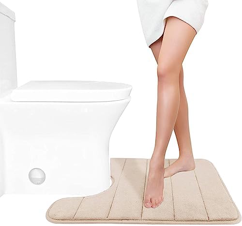 Yimobra Memory Foam Toilet Bath Mat U-Shaped, Soft and Comfortable, Super Water Absorption, Non-Slip, Thick, Machine Wash and Easier to Dry for Bathroom Commode Contour Rug, 24 X 20 Inches, Beige