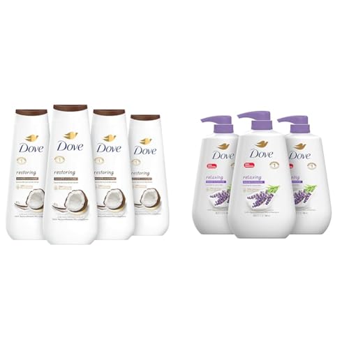 Dove Body Wash Restoring Coconut & Cocoa Butter 4 Count for Renewed & Body Wash with Pump Relaxing Lavender Oil & Chamomile 3 Count for Renewed