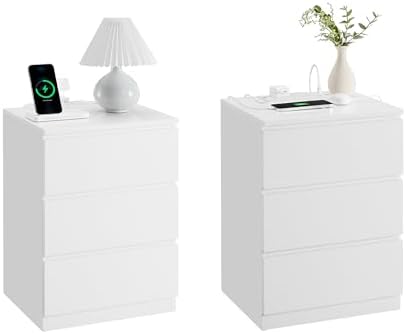 VASAGLE Nightstands with Charging Station, Set of 2, AC Outlets and USB Ports, Bedside Tables, Side Tables with 3 Drawers, Modern Style, 13.8 x 15.7 x 23.2 Inches, Cloud White ULET731W16