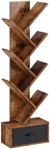 Rolanstar Bookshelf with Drawer, 7 Shelf Tree Bookshelf, Wooden Bookshelves Storage Rack for CDs/Movies/Books, Rustic Brown Bookcase, Utility Organizer Shelves for Living Room, Bedroom