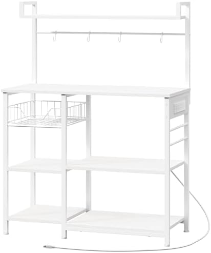 HOOBRO Bakers Rack with Power Outlet, 35.4 Inches Coffee Bar with Mesh Basket, Microwave Stand with 4 S-Shaped Hooks, Kitchen Bakers Rack with Storage, Easy to Assemble, White WT05HB01
