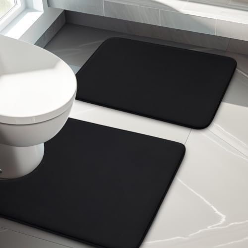 YIHOUSE Bathroom Rug Sets 2 Piece, Memory Foam Bath Mat, Non Slip Super Absorbent Soft Bathroom Mats, Machine Washable Bathroom Floor Mats Sets for Sink,Tub, Shower and Toilet,Black