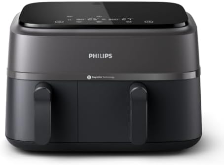 Philips Dual Basket Air Fryer 3000 Series, 8-in-1 functions, 9.5 Quarts, 2 Drawers, Auto-sync Cooking Time, 90% Less Fat, Rapid Air Technology, HomeID Recipe App, Dishwasher Safe, Black, (NA350/00)