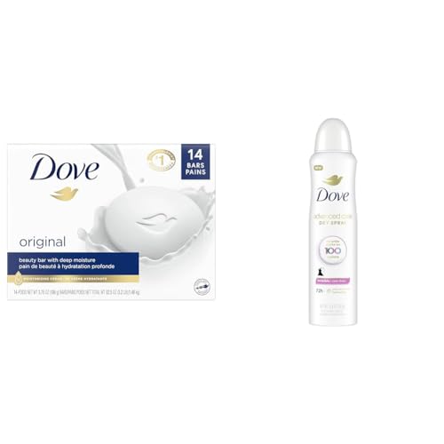 Dove Beauty Bar Cleanser Original Made With 1/4 Moisturizing Cream 14 Bars and Advanced Care Antiperspirant Deodorant Spray Clear Finish Invisible Tested on 100 Colors 72-Hour Odor and Sweat Protection