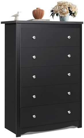 WLIVE Wood Dresser with 5 Drawers, Black Wooden Storage Cabinet, Organizer Drawers for Bedroom, Living Room, Hallway, Measuring 15.75" W * 31.50" D * 45.35" H 