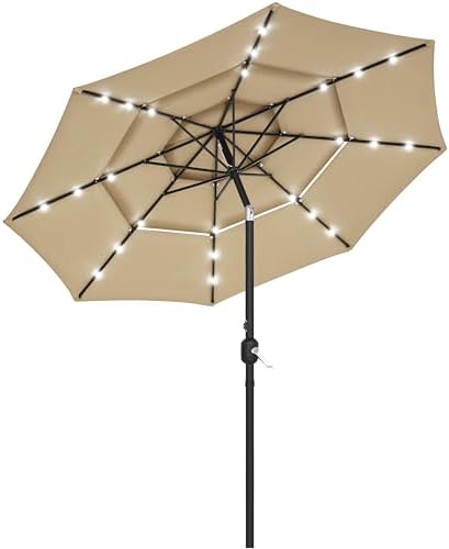 Yaheetech 10ft 3-Tier Vented Solar Patio Umbrella, Table Outdoor Market Umbrella with 24 LED Lights, 8 Sturdy Ribs Beach Umbrella with Tilt and Crank for Garden, Deck, Tan