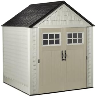 Rubbermaid Resin Outdoor Storage Shed With Floor (7 x 7 Ft), Weather Resistant, Beige/Brown, Organization for Home/Backyard/Garden Tools/Lawn Mower/Bike Storage/Pool Supplies