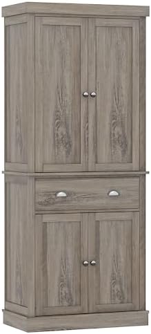 FOTOSOK 72" Kitchen Pantry Storage Cabinets with Drawer, Freestanding Cupboard with 4 Doors, Drawer, 4 Shelves, Utility Pantry Cabinet for Kitchen, Dining Room, Living Room, Ash Grey