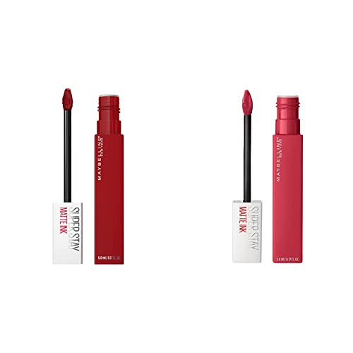 MAYBELLINE Super Stay Matte Ink Liquid Lipstick Makeup Long Lasting High Impact Color Up to 16H Wear Ruler Deep Cranberry and Exhilarator Ruby Red