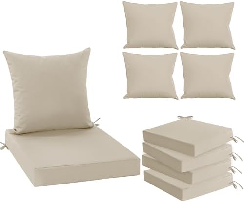 Outdoor Chair Cushions Set of 4, Waterproof Backrest and Deep Seat Cushion Set for Patio Furniture, Outdoor Sofa Replacement Cushions with Removable Cover, 24 x 24 Inch, Cream