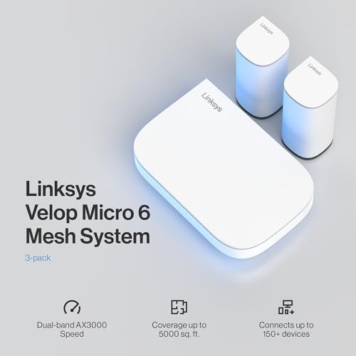 Linksys Multi-gig Micro Mesh WiFi 6 System | Connect 100+ Devices | Up to 5,000 Sq Ft | Speeds of up to 3.0 Gbps | 3Pk | No App Required | 2024 Release