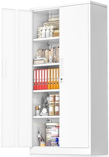 Greenvelly White Metal Storage Cabinet, 72" Steel Locking Cabinet with Doors and 4 Adjustable Shelves, Tall Tool Storage for Home Office, Metal Classroom Cabinet for Garage