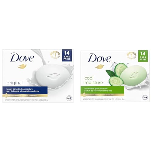 Dove Beauty Bar Cleanser for Gentle Soft Skin Care Original Made With 1/4 Moisturizing Cream 3.75 oz & Skin Care Beauty Bar For Softer Skin Cucumber and Green Tea More Moisturizing Than Bar Soap