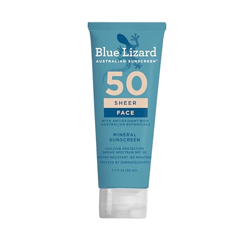 Blue Lizard Sheer Face Mineral SPF 50 Sunscreen Lotion, 100% Mineral Formula, Blue Light Protection, Lightweight, No White Cast, Nourishes and Hydrates, Paraben-Free, Fragrance-Free, 1.7 fl oz