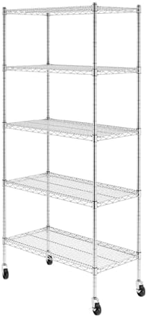 SafeRacks - NSF Certified Storage Shelves, Zinc, Heavy Duty Steel Wire Unit with Wheels and Adjustable Feet, Garage or Bakers Rack, Kitchen, Pantry Shelf - (18"x36"x72" 5-Tier) (Silver)