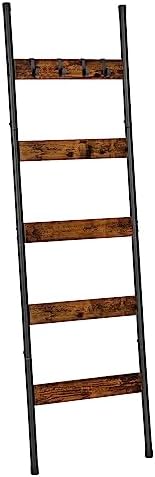 HOOBRO Blanket Ladder, 5-Tier Towel Rack with Hooks, Wall-Leaning Blanket Rack, Decorative Display Ladder Shelf, Scarves, Industrial, Living Room, Bedroom, Rustic Brown and Black BF52CJ01
