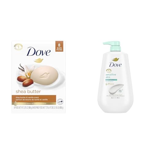 Dove Shea Butter Beauty Bar 8 Bars and Hypoallergenic Body Wash with Pump 30.6 oz Gentle Skin Cleansers with Moisturizers