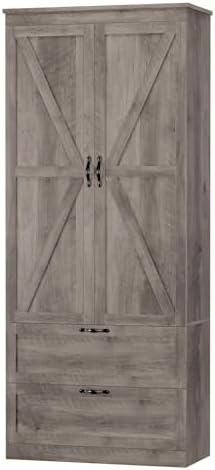 HOSTACK 70" Tall Kitchen Pantry Storage, Barn Doors Pantry Cabinet with Drawers and Adjustable Shelf, Modern Farmhouse Storage Cabinet for Kitchen, Dining Room, Living Room, Bathroom, Ash Grey