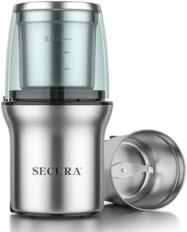Secura Electric Coffee Grinder and Spice Grinder with 1 Stainless Steel Blades Removable Bowl, Dry Grinding