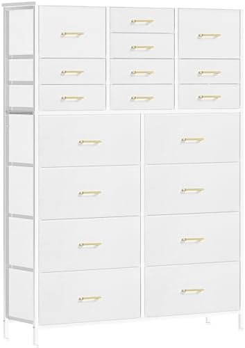 Large Dresser for Bedroom with 18 Drawers, Tall Fabric Storage Cabinet, Chest of Drawers for Closet, Nursery, Bedside, Living Room, Entryway, Hallway (White)