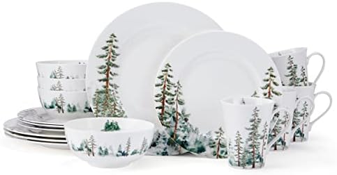 Mikasa Watercolor Forest Bone China Lightweight Chip Resistant 16 Piece Dinnerware Set, Service for 4, White
