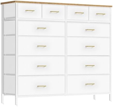 White Dresser for Bedroom with 12 Deep Drawers, Wide Chest of Drawers, 55" TV Stand with Retro Wood Top, Tall Fabric Dresser for Closet, Nursery