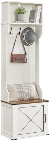 VASAGLE Hall Tree with Bench and Shoe Storage, Coat Rack with Shoe Bench, Entryway Furniture, 3 Tri-Hooks, Door with Handle, Farmfouse Style, Space Saving, Rustic White and Honey Brown UHSR441W01