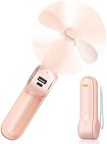 FrSara Portable Handheld Fan Rechargeable, USB Rechargeable Small Pocket Fan, 2000mAh Battery With Power Bank, Upgraded Long Battery Life, Three-Speed, Suitable for Women Outdoors and Travel