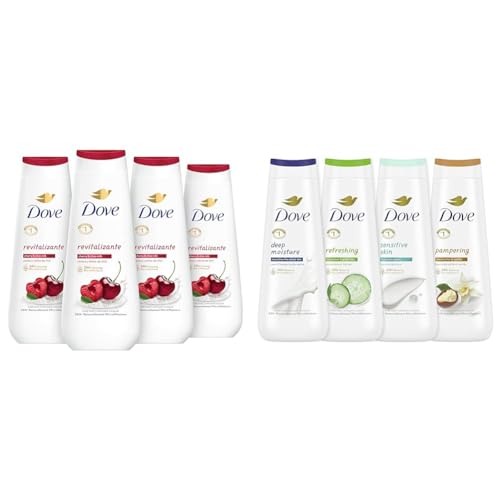 Dove Body Wash Revitalizante Cherry & Chia Milk 4 Count and Deep Moisture, Sensitive Skin, Cucumber and Green Tea, and Shea Butter & Vanilla Collection 4 Count with 24hr Renewing MicroMoisture 20 oz
