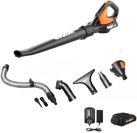WORX 20V Cordless Leaf Blower WG545.1, Up to 120 MPH Air Speed, Long Nozzle Design for Narrow Spaces, Ideal for Indoor and Outdoor Cleaning, 9X Cleaning Attachments, Battery and Charger Included