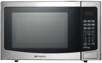 Emerson MWI1212SS Countertop Microwave Oven with Inverter and Button Control, LED Display 1000W 10 Power Levels, 8 Auto Menus, Glass Turntable and Child Safe Lock, 1.2 Cu. Ft, Stainless Steel