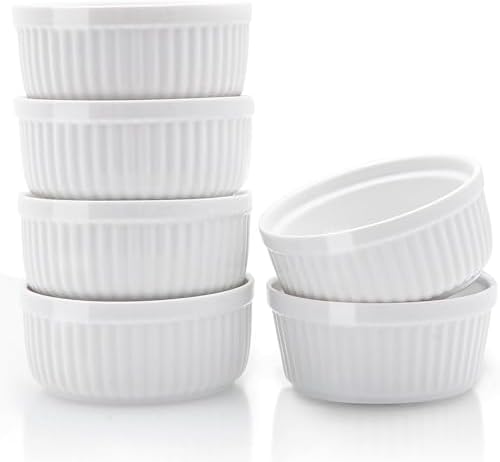 Nuwave Ceramic Ramekins 8 oz, Set of 6, Elegant Classic Style for Baking Souffles, Creme Brulées, Custards, Puddings, 4.3” Wide & 2” Tall, Microwave, Oven & Dishwasher-Safe, Ivory White (6)